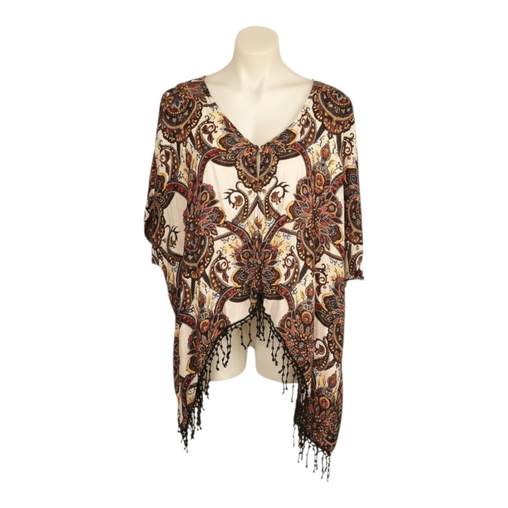 Lola P Woman Boho Paisley Print Front Kimono Duster Longline Fringe Plus Size 2X - Picture 2 of 7